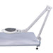 Full view of the Joiken Opal 262 LED magnifying lamp with adjustable swing arm and table clamp mounted on a white desk