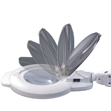 Close up of the Joiken Opal 262 LED magnifying lamp head showing the protective flip top lens cover and power switch