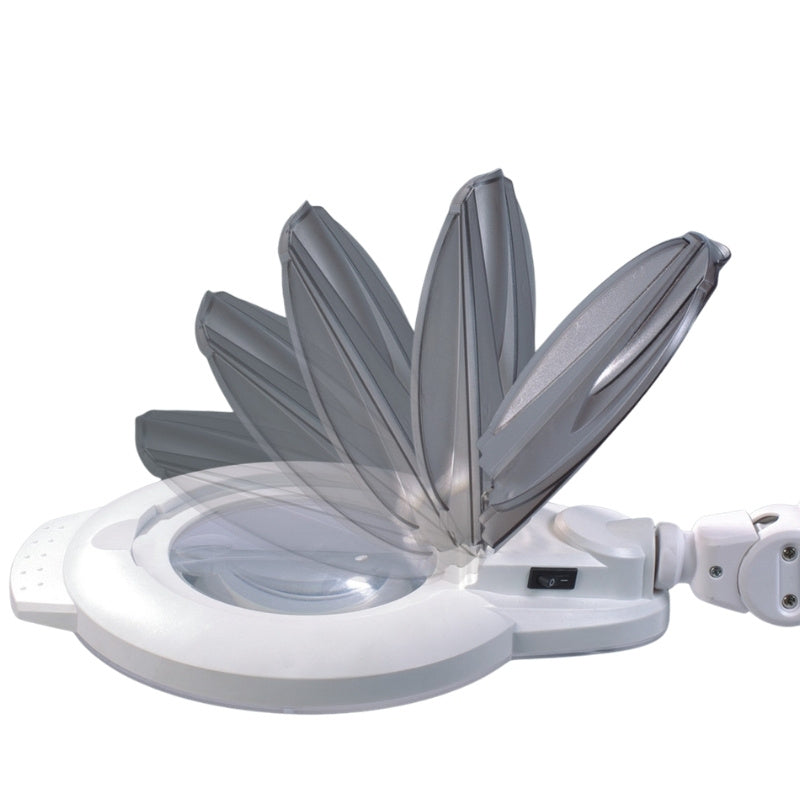 Close up of the Joiken Opal 262 LED magnifying lamp head showing the protective flip top lens cover and power switch
