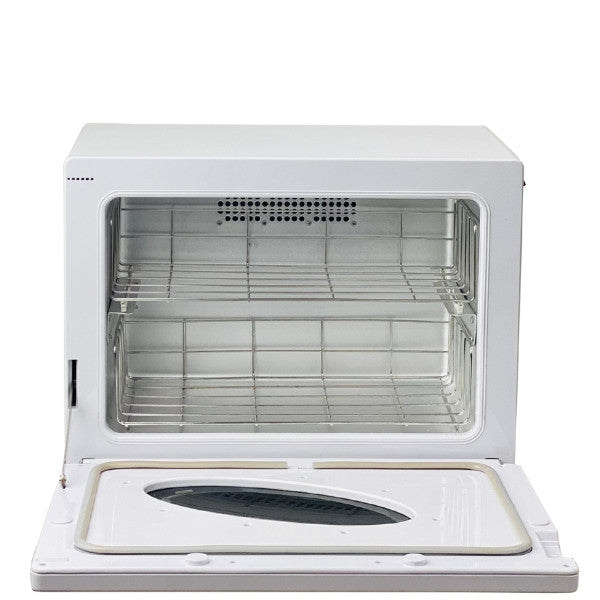 Interior of the Joiken OPAL towel cabinet showing two-tier stainless steel grills and UV light unit