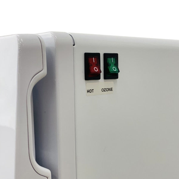 Close up of the hot and ozone power switches on the Joiken OPAL towel cabinet