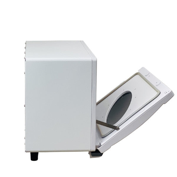 White Joiken OPAL towel cabinet with the door partially open showing the easy-access hinge