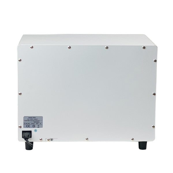 Rear view of the Joiken OPAL hot towel cabinet showing power connection and technical specifications