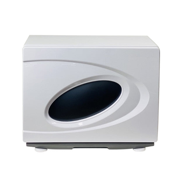 Front view of the Joiken OPAL towel warmer showing the sleek oval door design