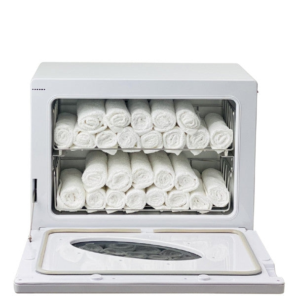 Joiken OPAL hot towel warmer filled with rolled white towels showing 20-30 towel capacity
