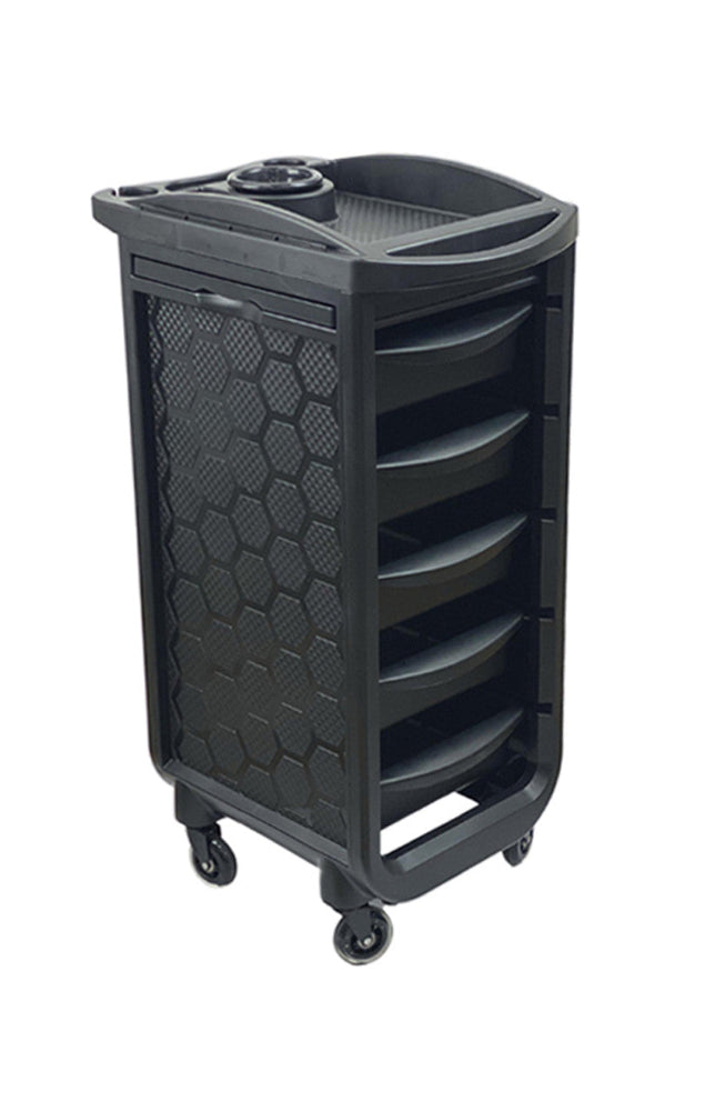 Front view of the black Joiken Orbit salon trolley with five storage drawers