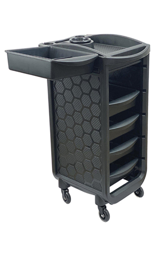 Joiken Orbit 5 drawer salon trolley with one side tray extended for extra workspace