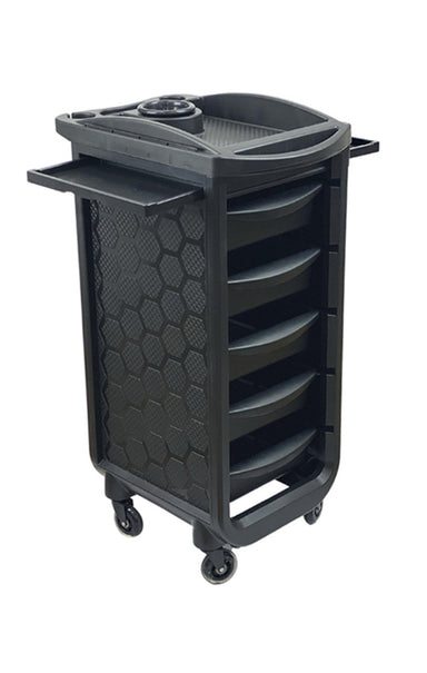Mobile salon storage trolley with both side shelves extended for maximum surface area