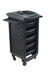 Mobile salon storage trolley with both side shelves extended for maximum surface area