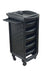 Black professional salon trolley showing pull-out side shelf and hexagonal side panel