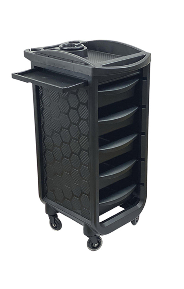 Black professional salon trolley showing pull-out side shelf and hexagonal side panel