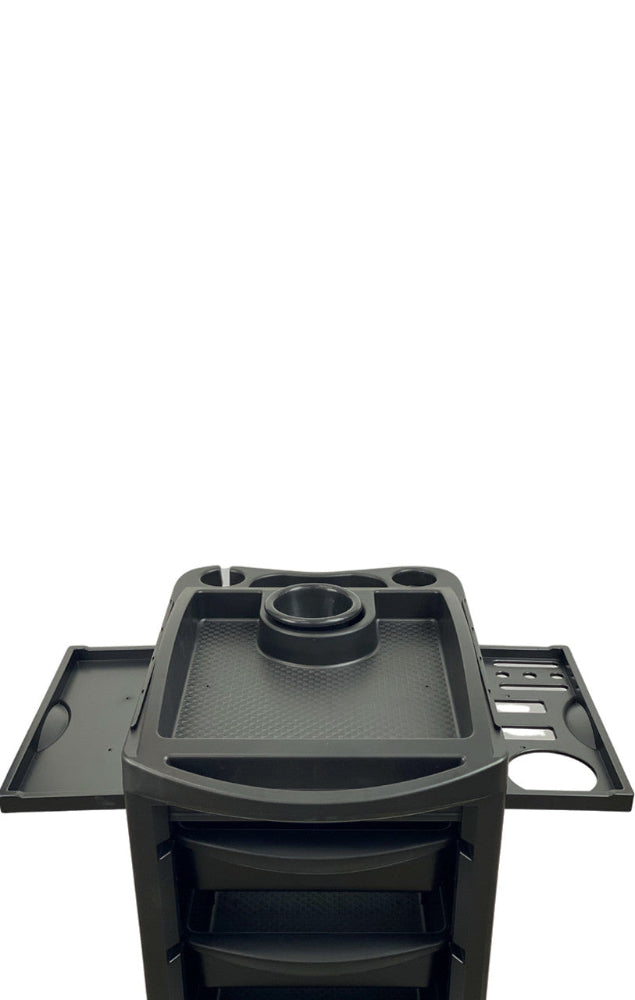 Close-up of the Joiken Orbit trolley top workspace with integrated tool holders