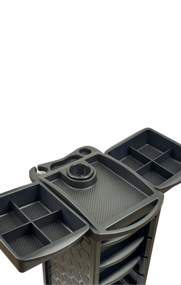 Top-down view of the Joiken Orbit salon trolley featuring organized top compartments and dual trays