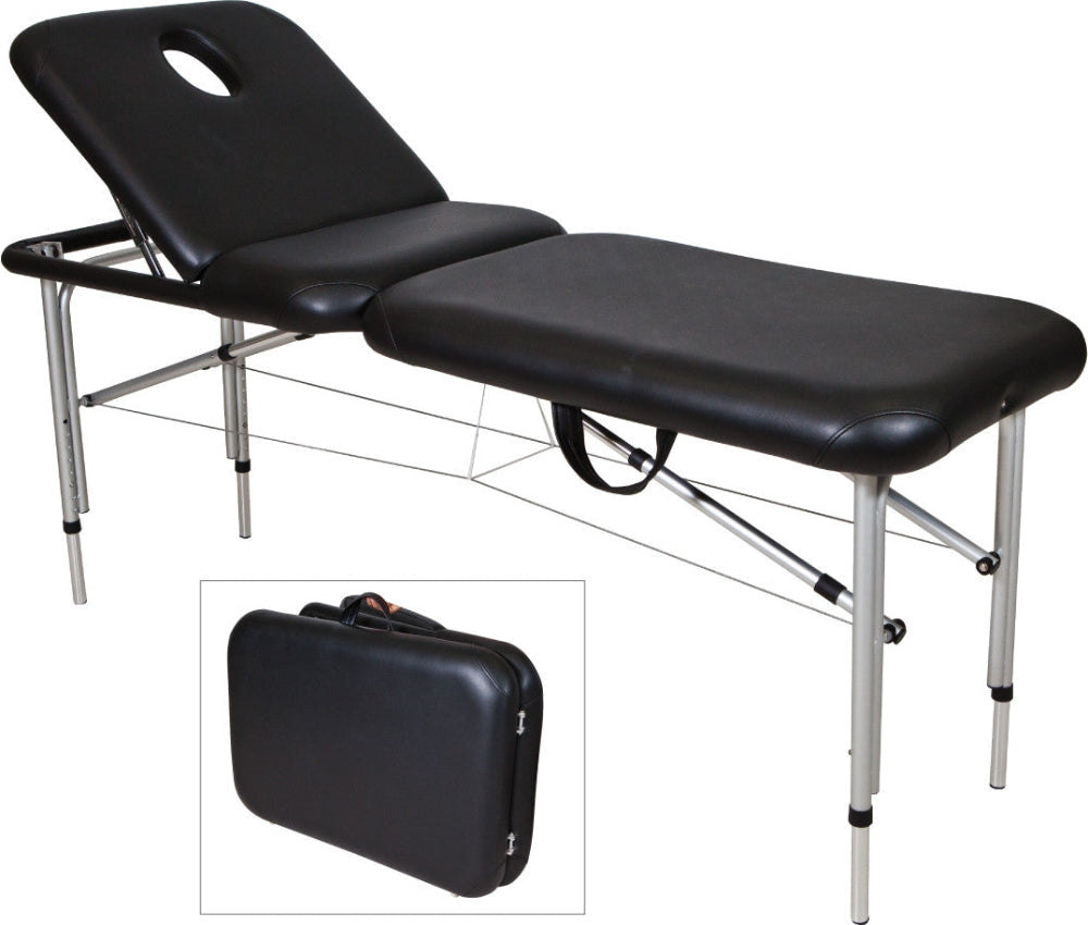 Joiken black portable aluminium beauty bed with adjustable legs and protective carry case for mobile therapists