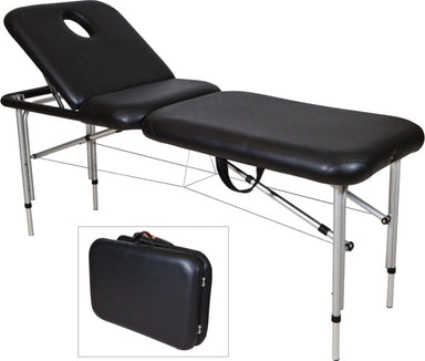 Joiken black portable aluminium beauty bed with adjustable legs and protective carry case for mobile therapists