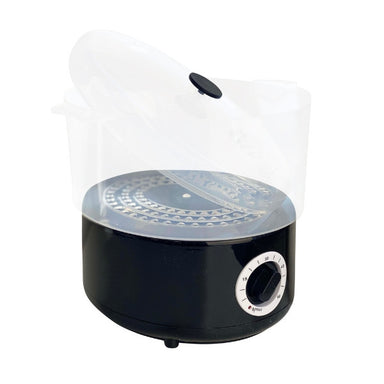 Portable black towel steamer with clear lid being opened showing the steam tray