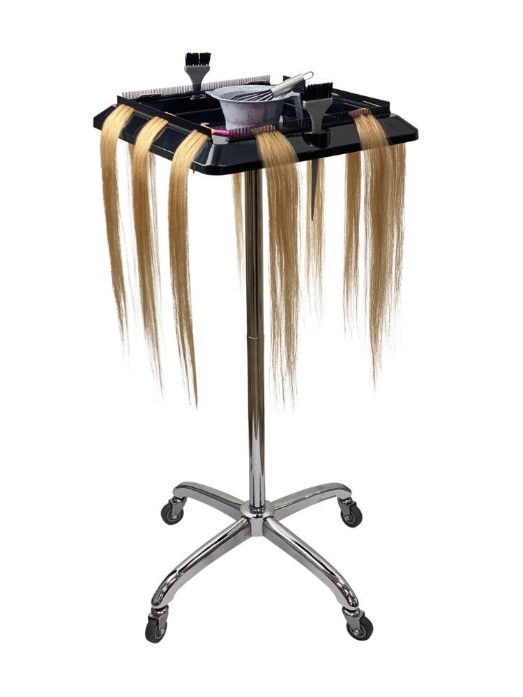Full height view of the Joiken Pulsar hair extension trolley with blonde hair extensions attached
