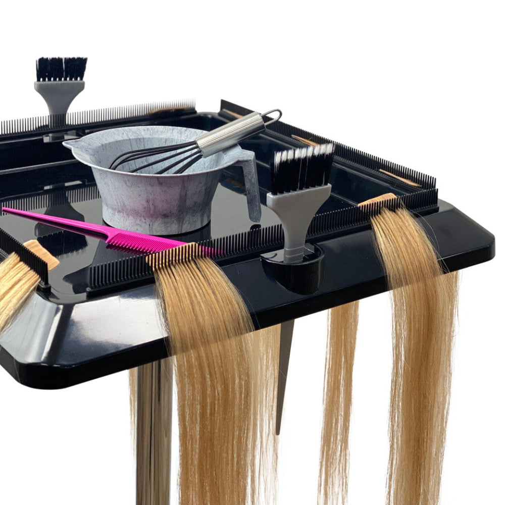 Top view of the Joiken Pulsar professional workstation with hair extensions and styling tools
