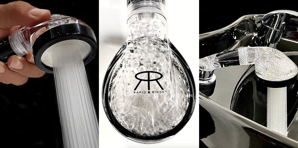 A three-panel demonstration of the Joiken Rapid Rinse hand shower showing the powerful water stream, the "RR" Rapid Rinse logo on the clear casing, and the unit installed on a professional black salon shampoo basin