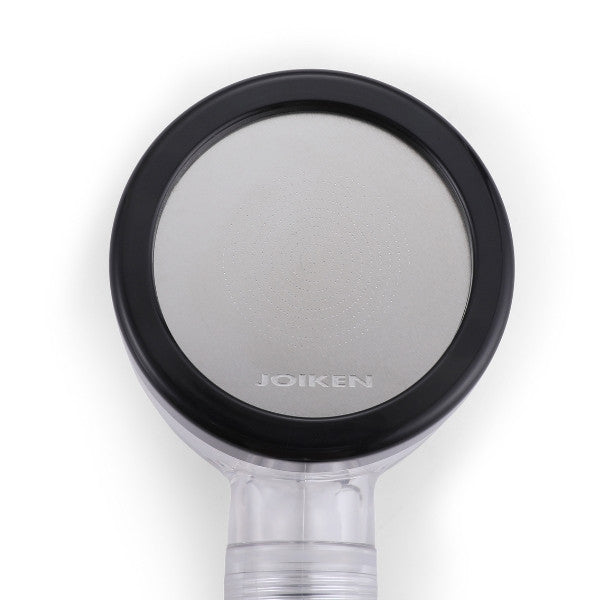 Close up of the Joiken Rapid Rinse hand shower head featuring the Joiken logo and stainless steel faceplate