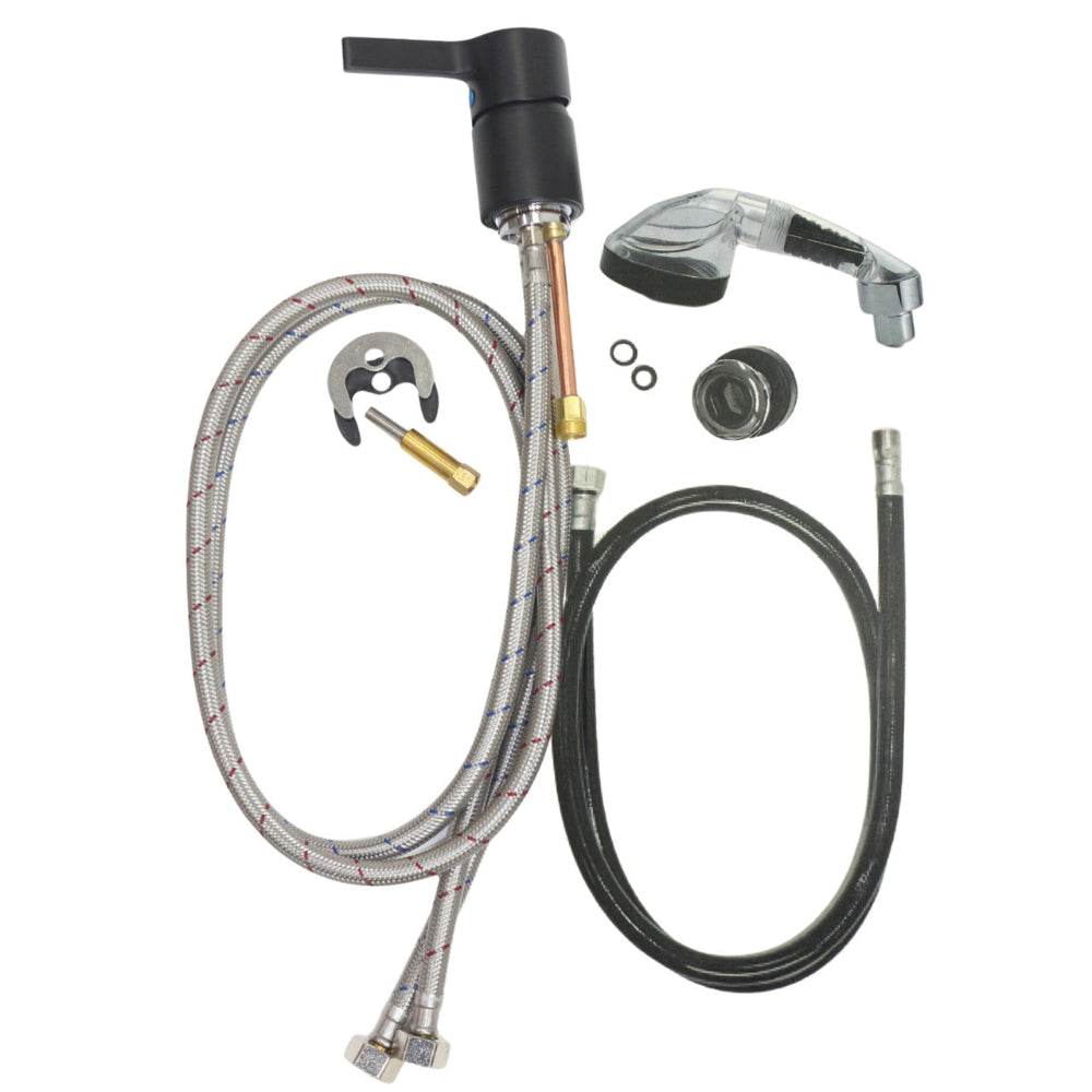 Joiken Rapid Rinse mixer set in matte black including hand shower hose and sleeve