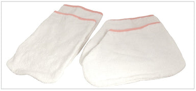 Pair of white insulated terry cloth hand and feet mitts included with the Joiken Rido paraffin wax kit