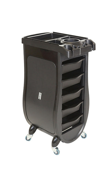 Joiken Rocket professional hairdressing trolley in black featuring five drawers and integrated tool holders
