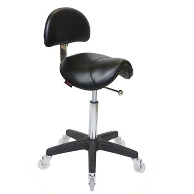Joiken professional saddle stool with backrest in black upholstery and black base