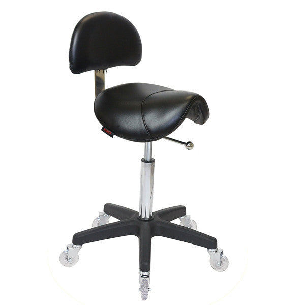 Joiken professional saddle stool with backrest in black upholstery and black base