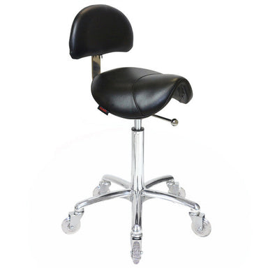 Joiken ergonomic saddle stool with backrest in black upholstery and chrome base