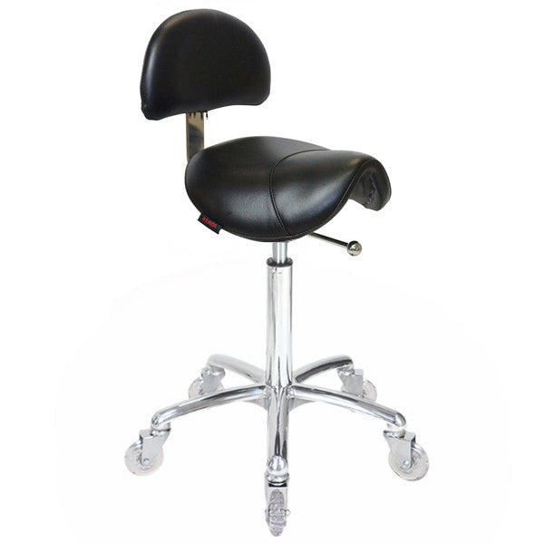 Joiken ergonomic saddle stool with backrest in black upholstery and chrome base