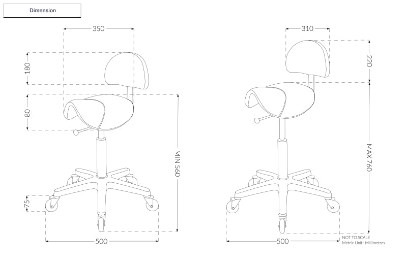 Dimension technical drawing for Joiken saddle stool with backrest showing height range