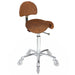 Professional tan saddle stool with backrest and chrome base for Australian salons