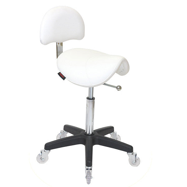 White professional saddle stool with backrest and black base for beauty clinics