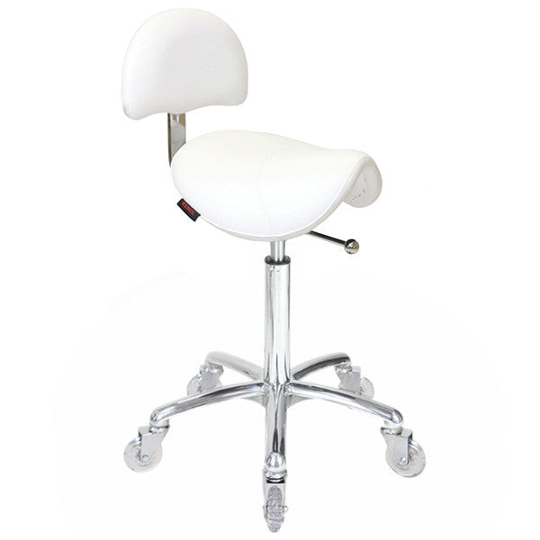 White ergonomic saddle stool with backrest and chrome base for salon use
