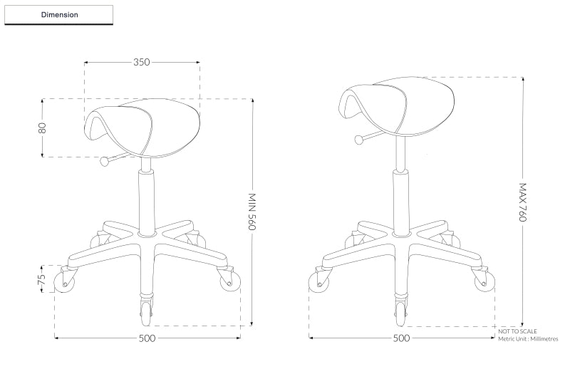 Technical dimension diagram for Joiken saddle stool showing height and width measurements
