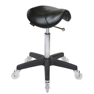 All black Joiken saddle stool with black base and clear rolling wheels for salons