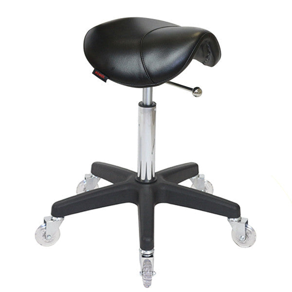 All black Joiken saddle stool with black base and clear rolling wheels for salons