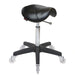 All black Joiken saddle stool with black base and clear rolling wheels for salons