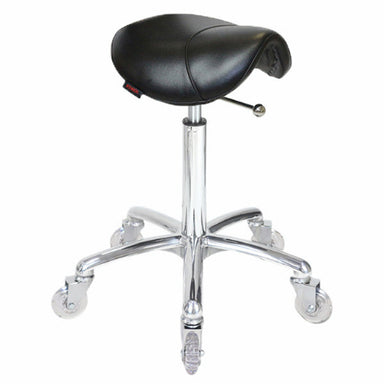 Joiken ergonomic saddle stool in black upholstery with chrome base and clear wheels