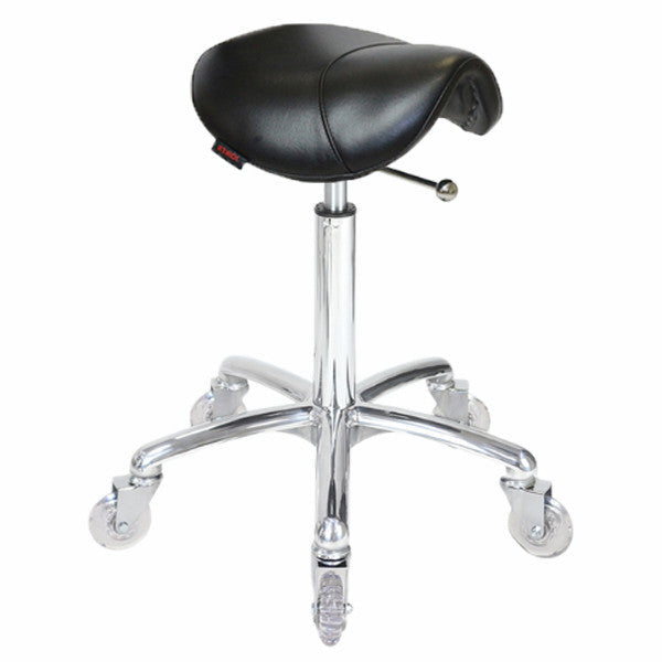 Joiken ergonomic saddle stool in black upholstery with chrome base and clear wheels