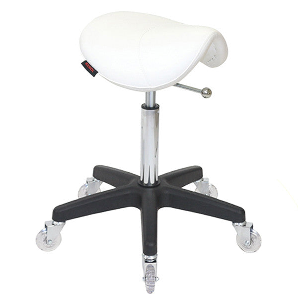 White Joiken saddle stool with black base and clear easy-roll wheels