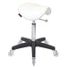 White Joiken saddle stool with black base and clear easy-roll wheels