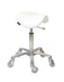 Professional white saddle stool with chrome base for beauty and dental clinics