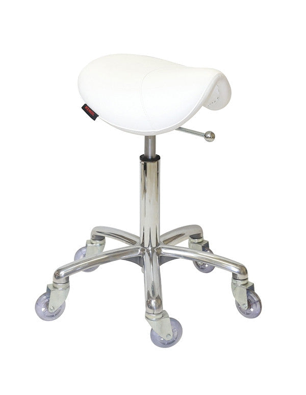Professional white saddle stool with chrome base for beauty and dental clinics