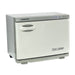 Front view of white Joiken towel warmer cabinet with professional branding