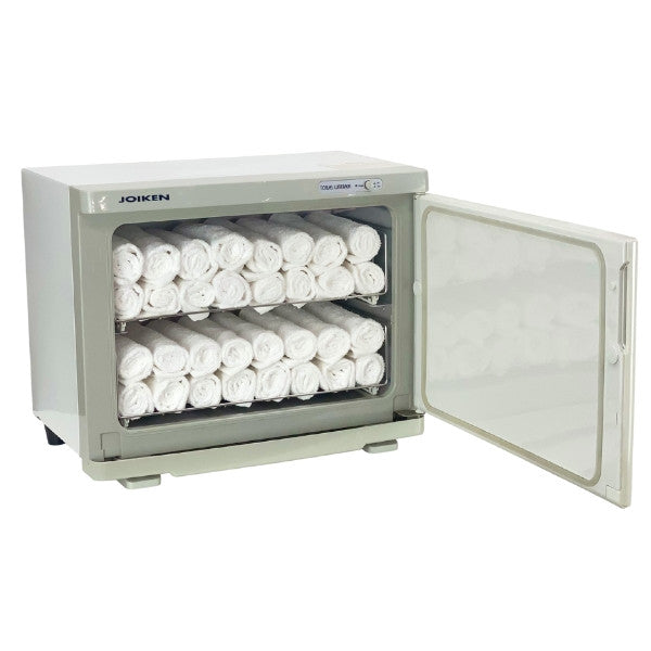 Joiken professional hot towel cabinet in white and grey with door open for beauty salon use
