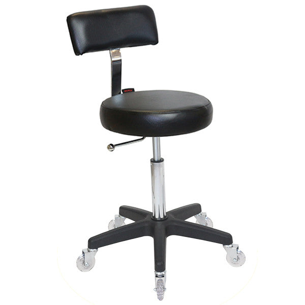Professional black Joiken Sprint salon stool with black base and clear wheels
