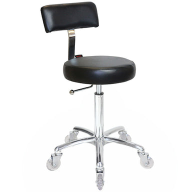 Joiken Sprint salon stool in black upholstery with polished chrome base and clear wheels