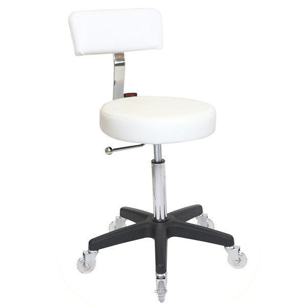 White Joiken Sprint beauty stool with black base and easy-rolling clear wheels